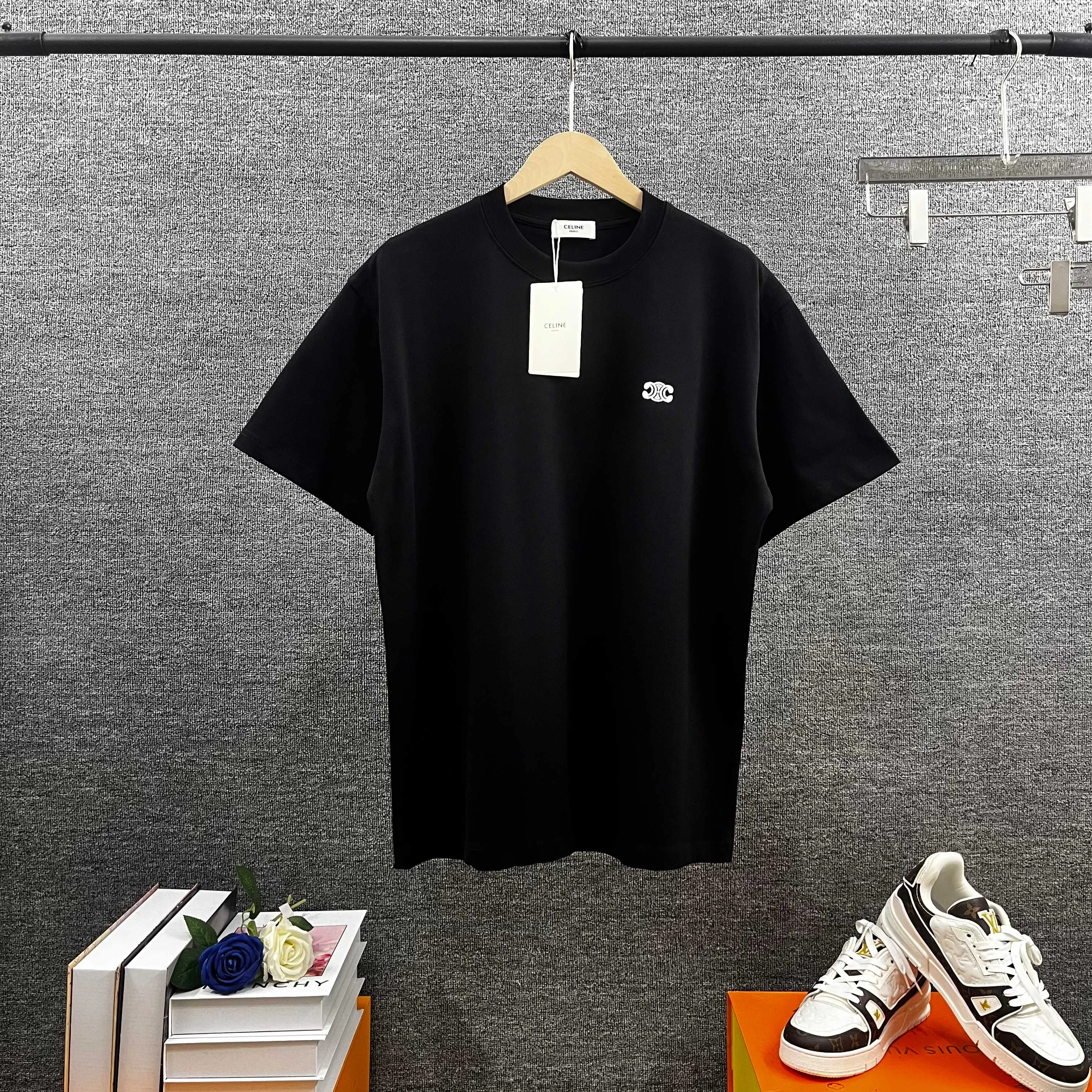 Ce*li* Ce*Lin 2026 spring and summer style Classic letter embroidery logo technology Double yarn custom plain cotton fabric Short-sleeved T-shirt Men and women Same Style Color: Black White Gray Wine Red Size: S (90-130 pounds) M (120-150 pounds) L (140-165 pounds) XL (160-180 pounds) XXL (180-210 pounds)